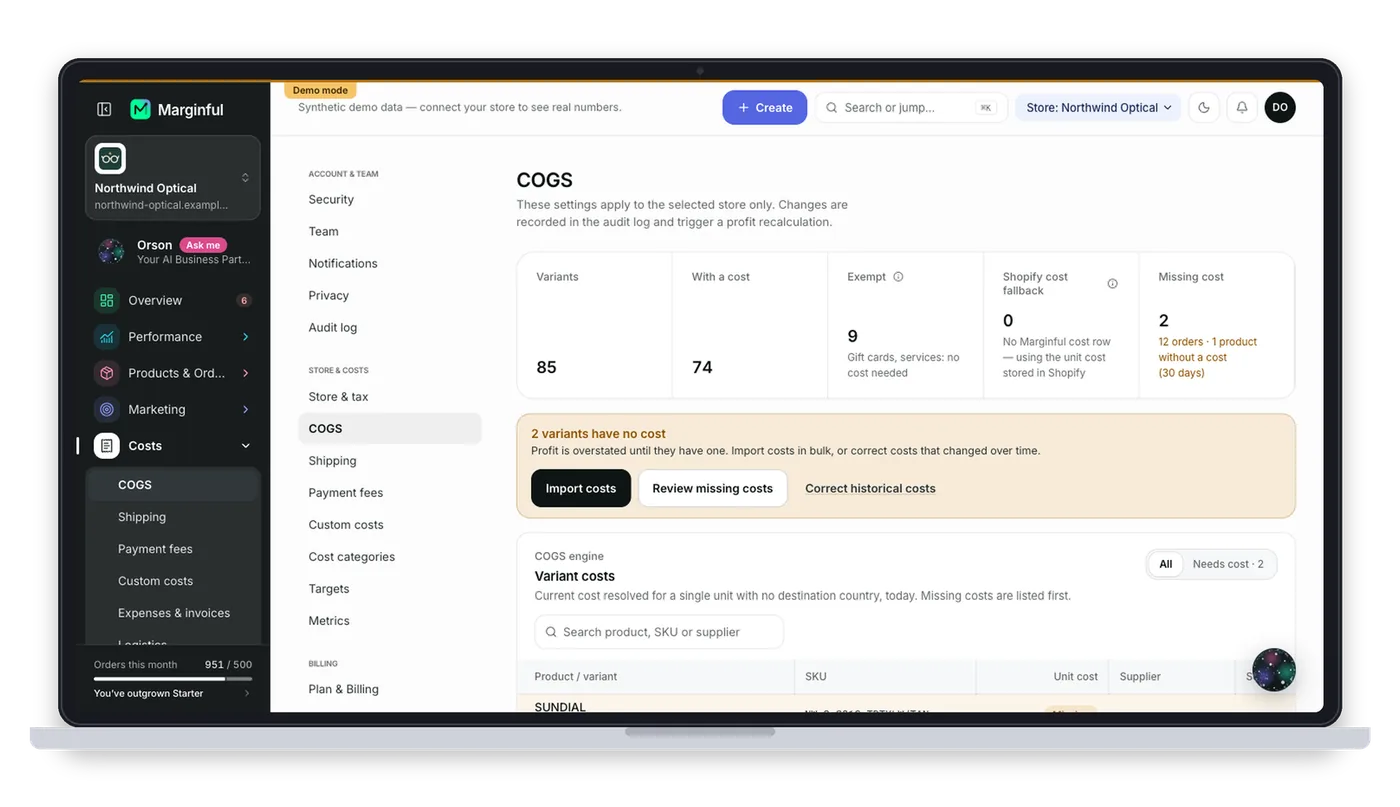 Marginful Costs screen on a laptop and a phone, with demo store data