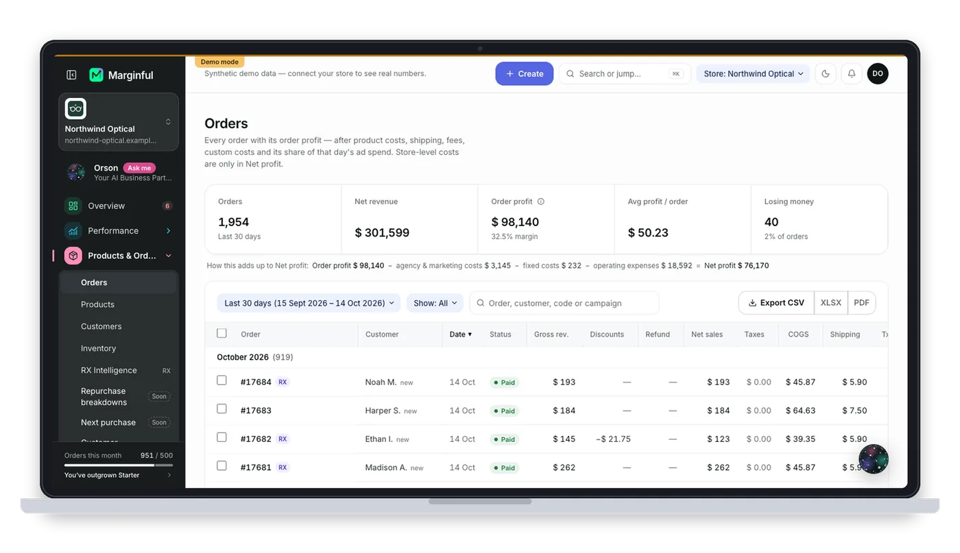 Marginful Orders screen on a laptop and a phone, with demo store data
