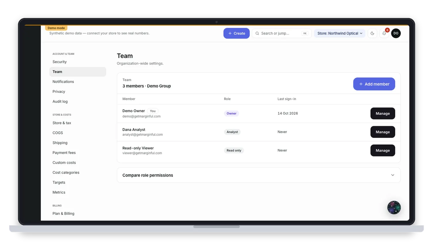 Marginful Team screen on a laptop and a phone, with demo store data