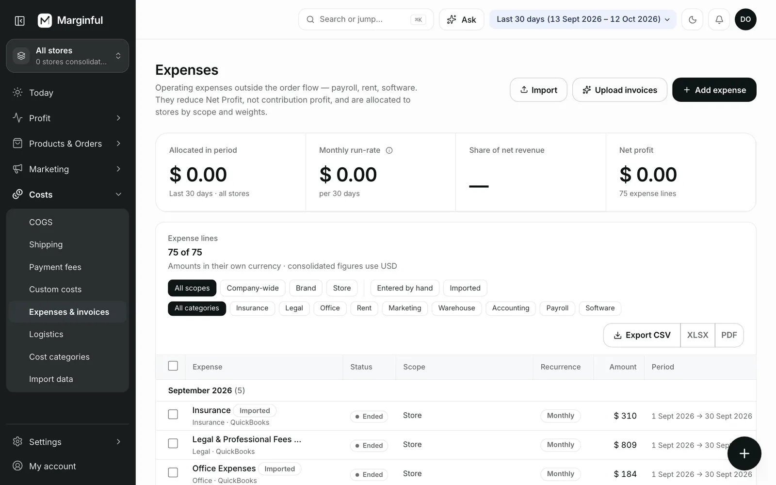Expenses: operating expenses and invoices in one list.