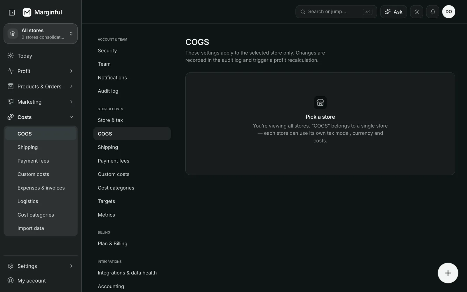 Costs → COGS: every variant with its current cost.