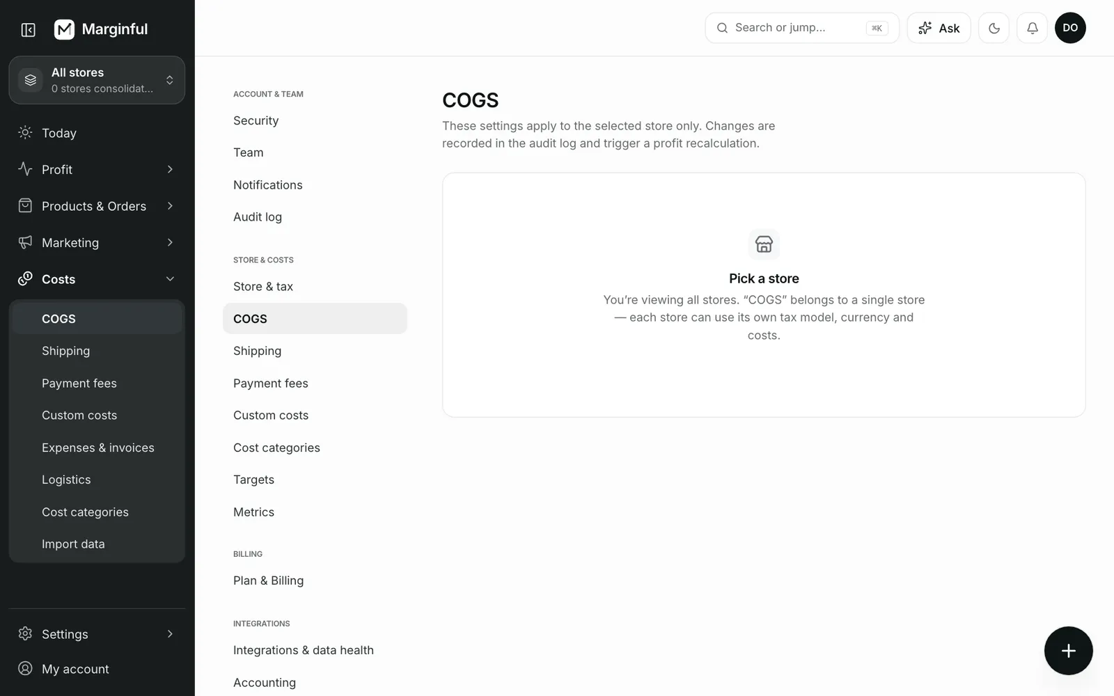 Costs → COGS: every variant with its current cost.